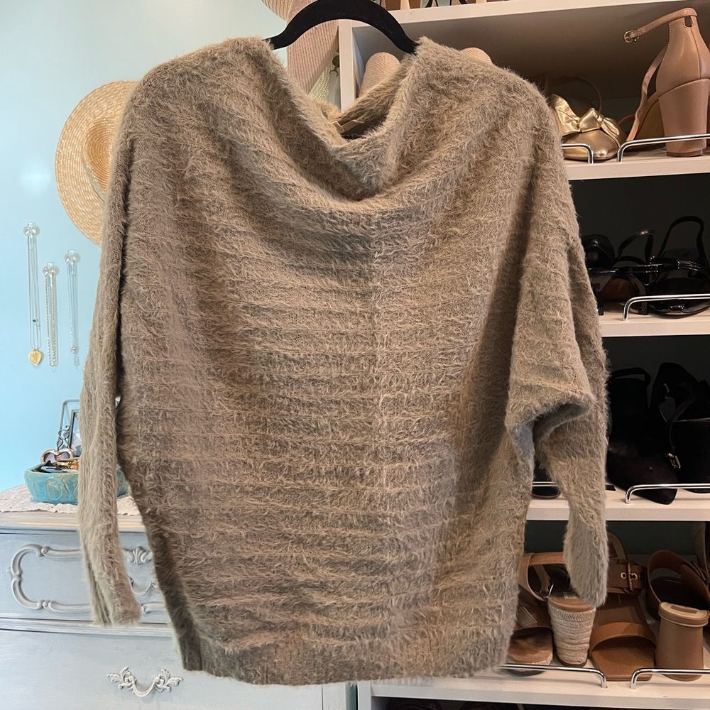 Lovestitch Fuzzy Taupe Drape Neck, Bay Wing Sweater